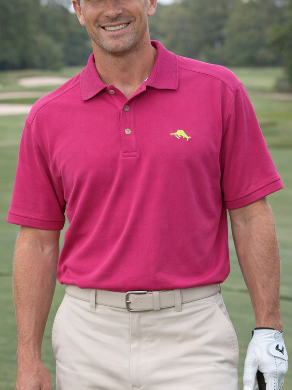 Tommy Bahama Pink Polo Lime Logo Golf Activewear Men Large Athleisure Sporty